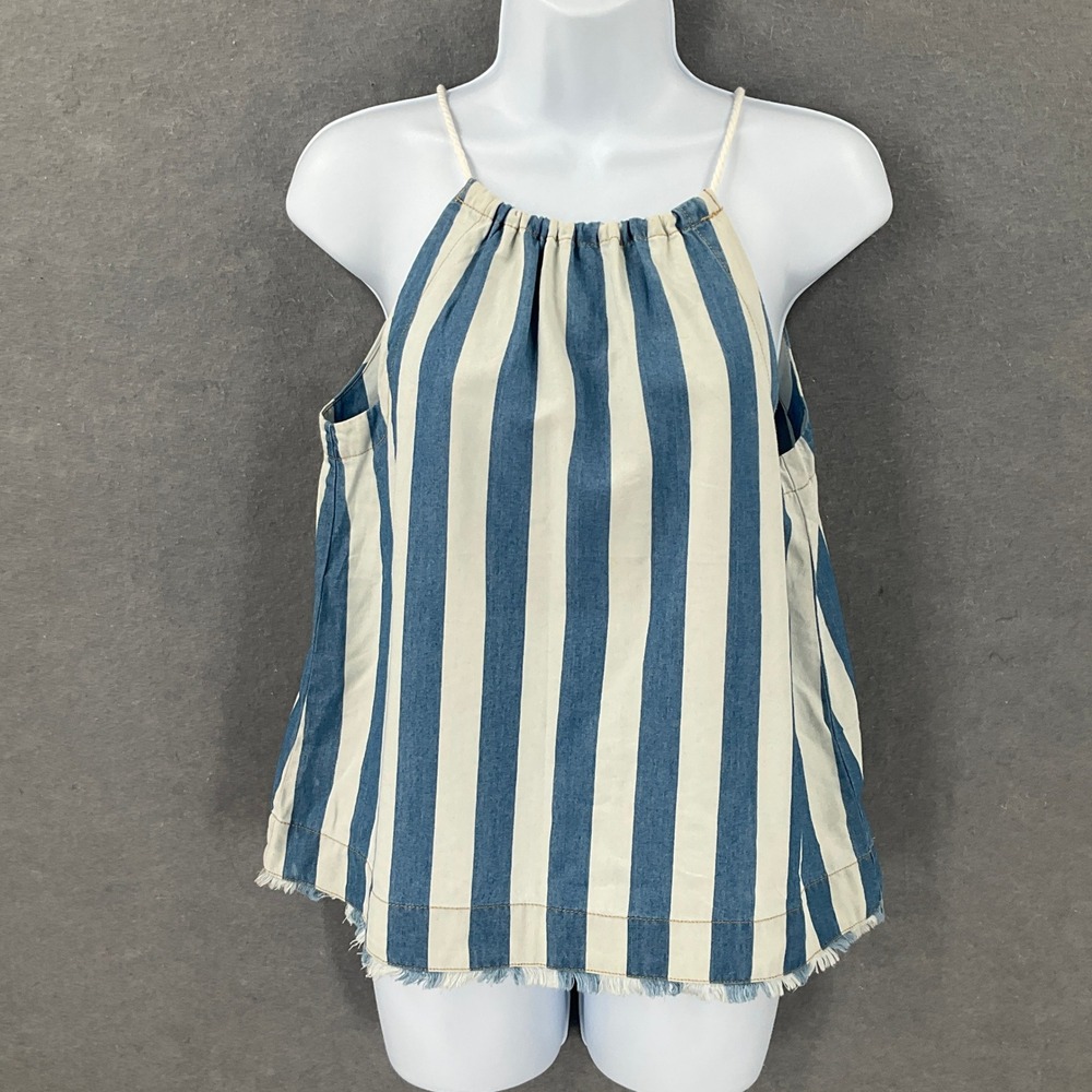 Maeve Anthropologie Striped Halter Top‎ Sz XS Frayed Hem Chambray Bohemian